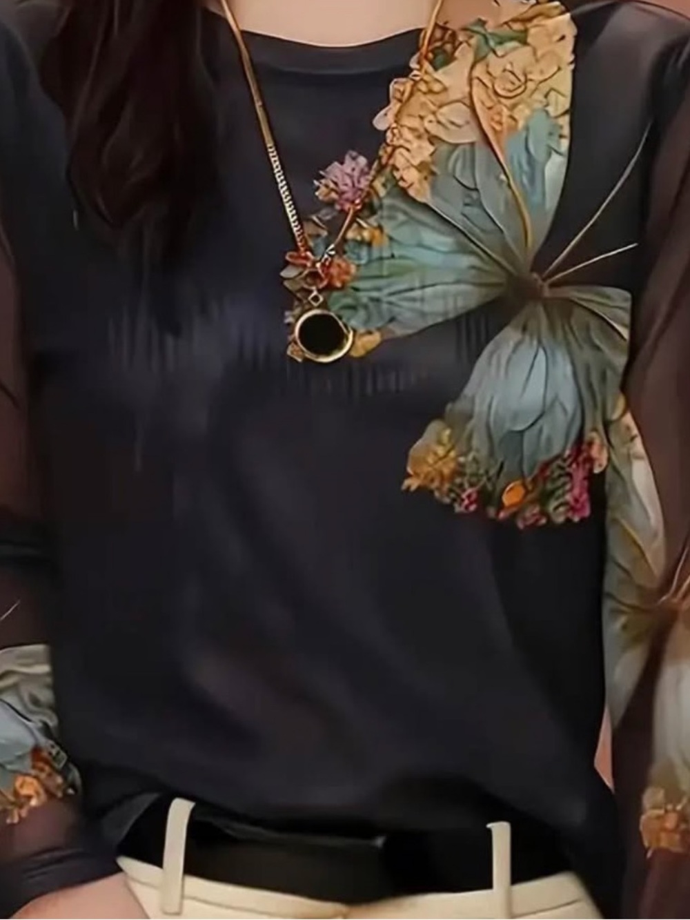 Floral Butterfly Print Navy Women's Blouse